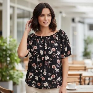 PHILOSOPHY REPUBLIC M Black Pink Coral White Floral Blouse R $58